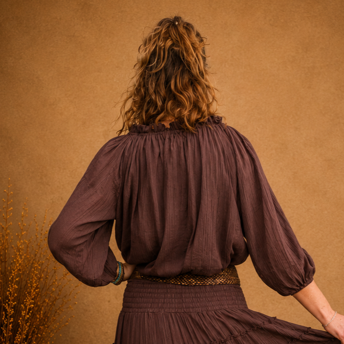 Boho Crinkle Peasant Top Chocolate