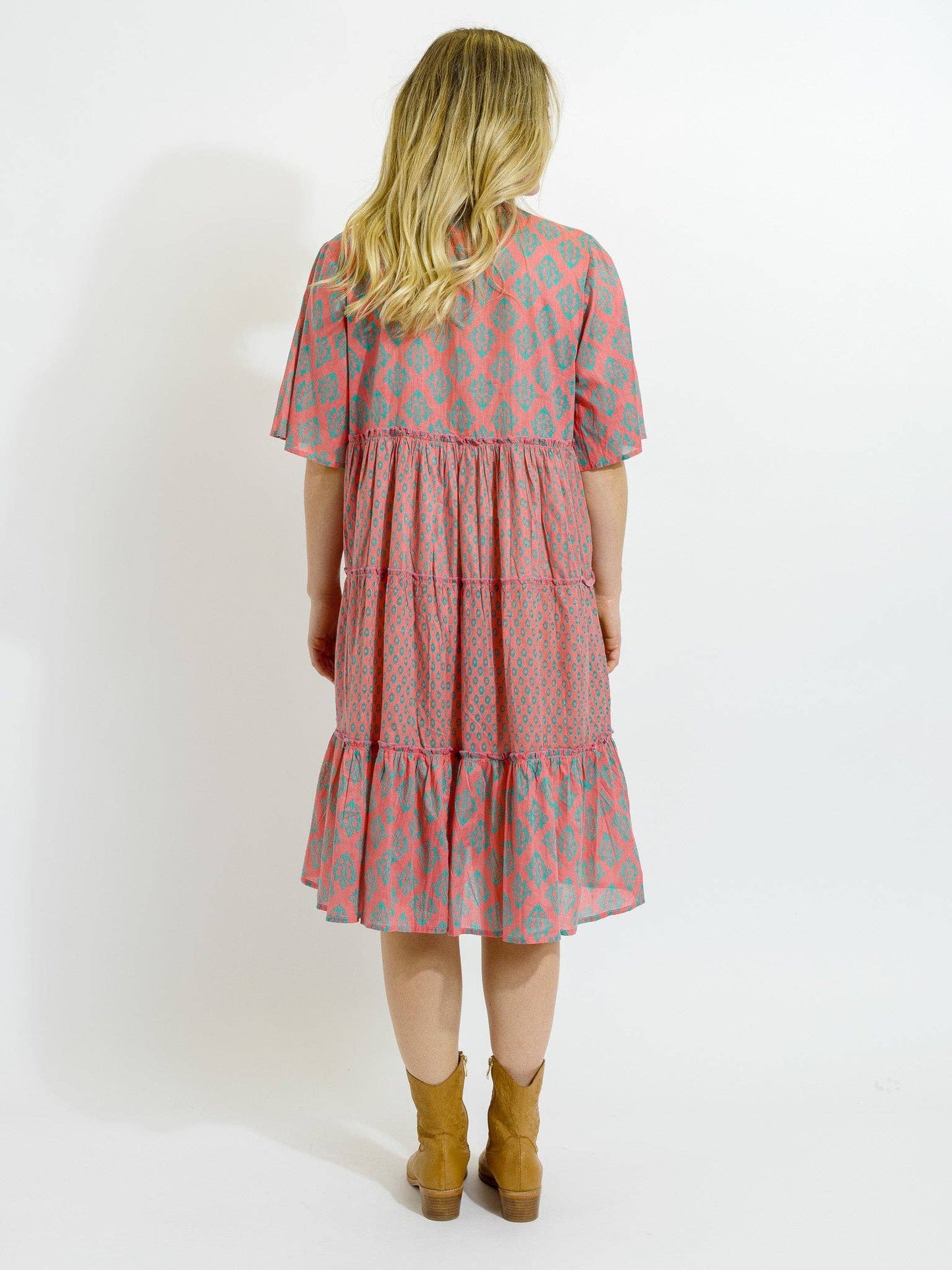Castaway Dress in Green Diamonds on Pink D353