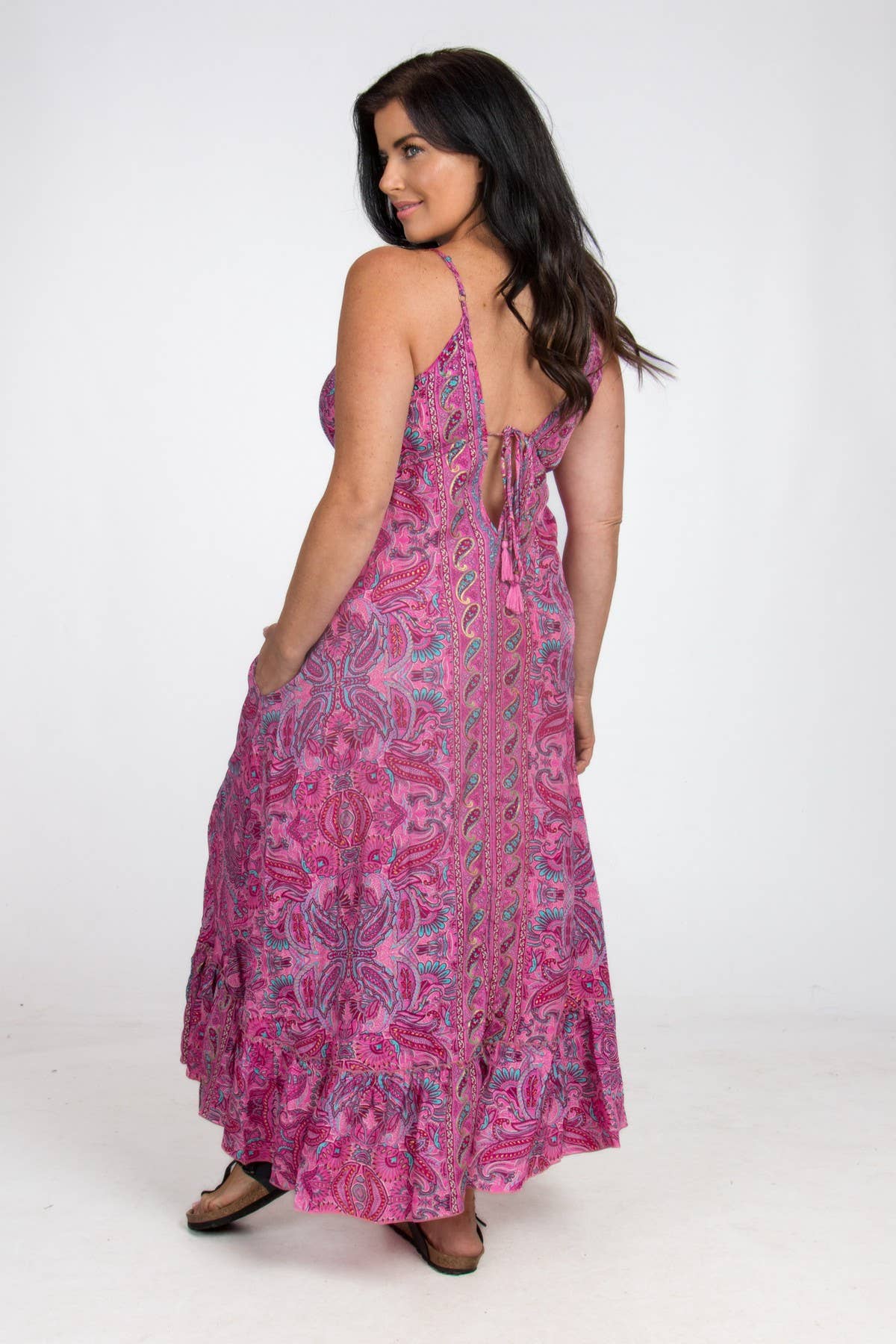 LONG STRAPPY SILK DRESS WITH POCKETS