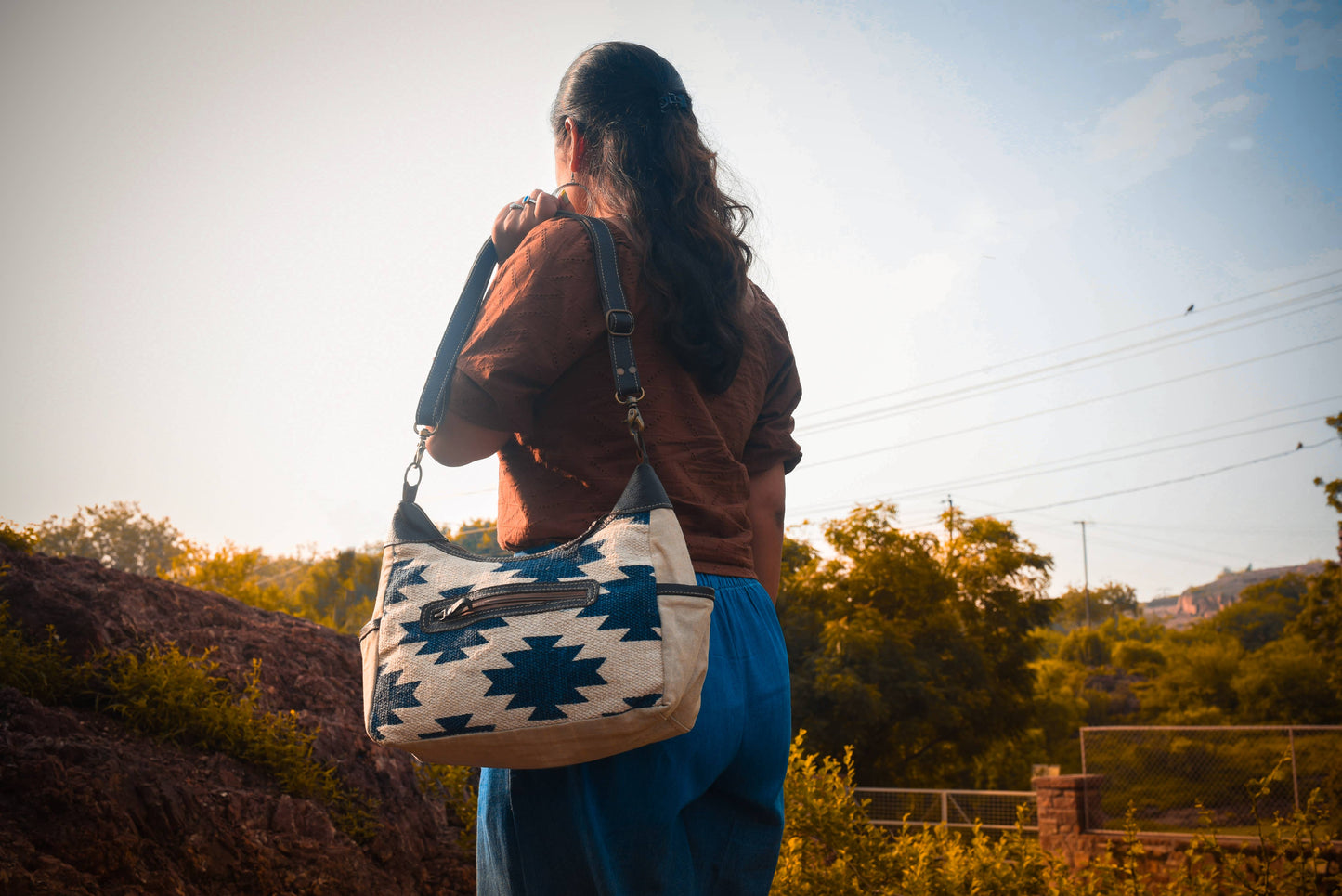 Canvas Rug & Leather Jello Shoulder Bag