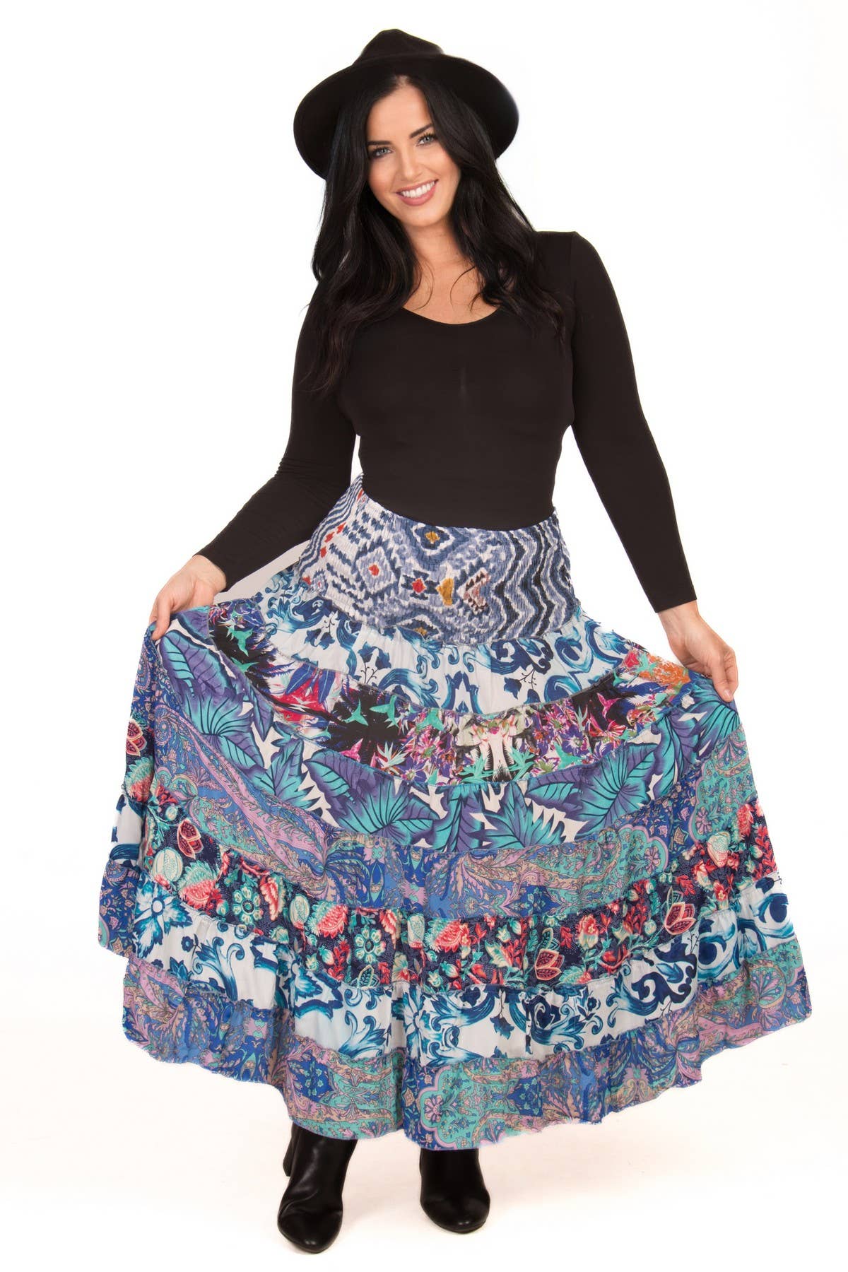 LONG SILK TIERED PEASANT SKIRT