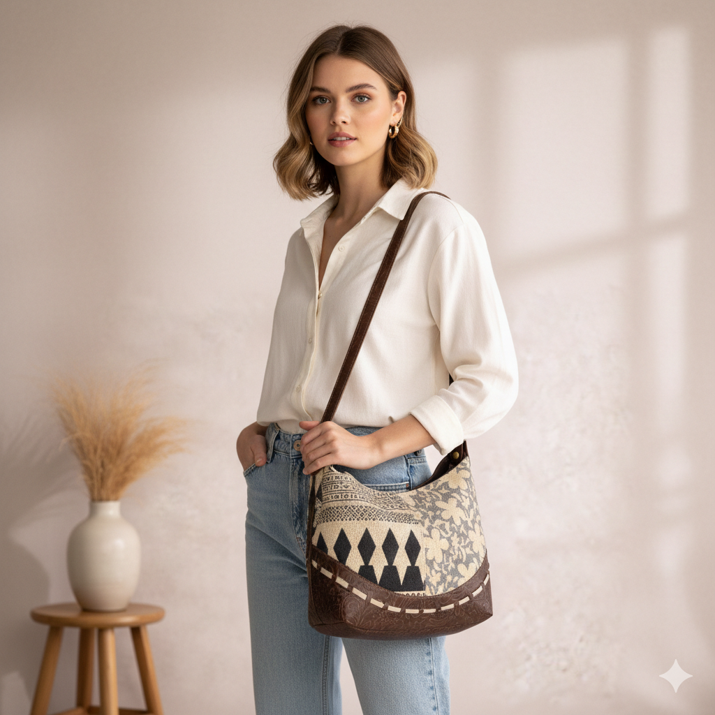 Bizo Upcycled Canvas & Leather Crossbody Bag | Handmade