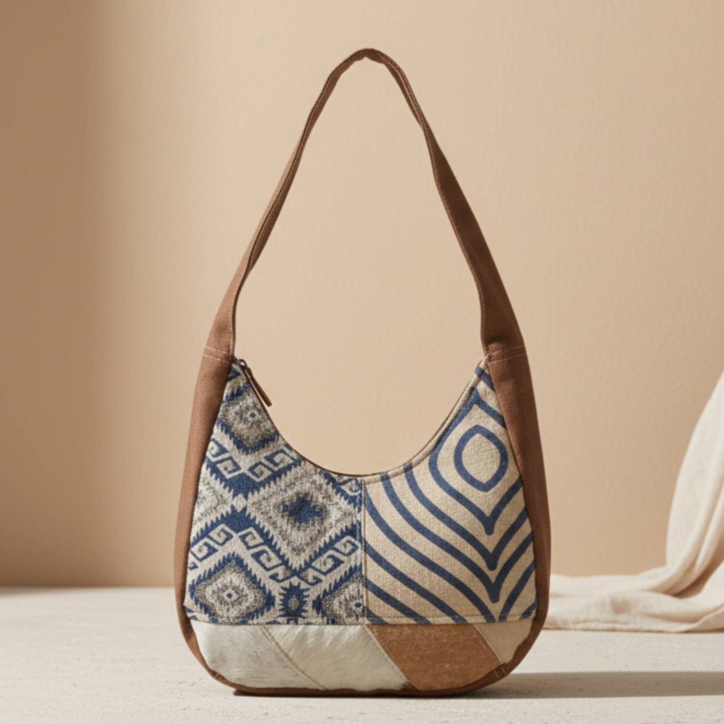 Dual Upcycled Canvas Rug & Leather Shoulder Bag | Handmade