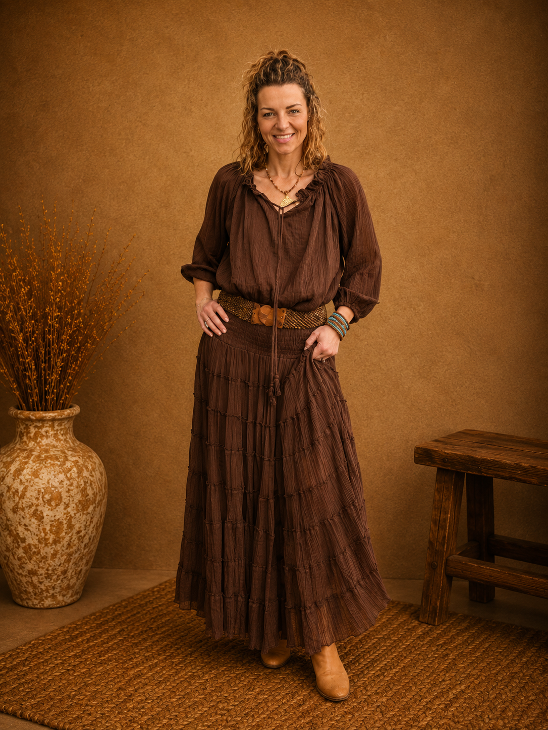 Boho Crinkle Cotton Tiered Skirt Chocolate