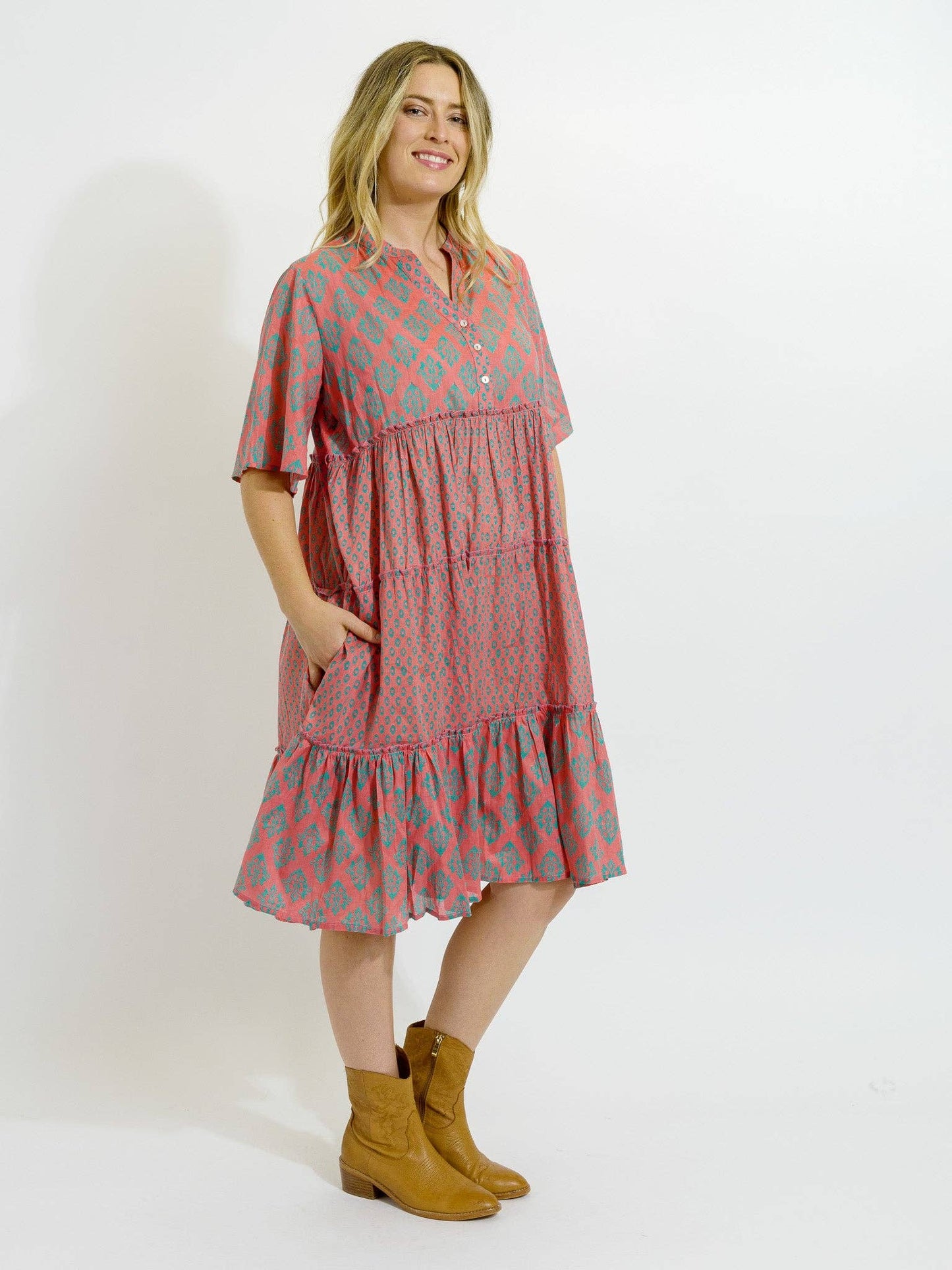 Castaway Dress in Green Diamonds on Pink D353