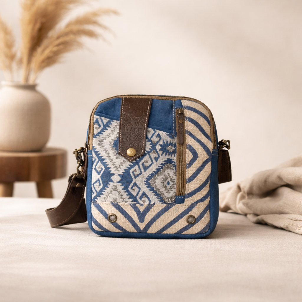 Dezy Upcycled Canvas & Leather Crossbody Bag Handmade