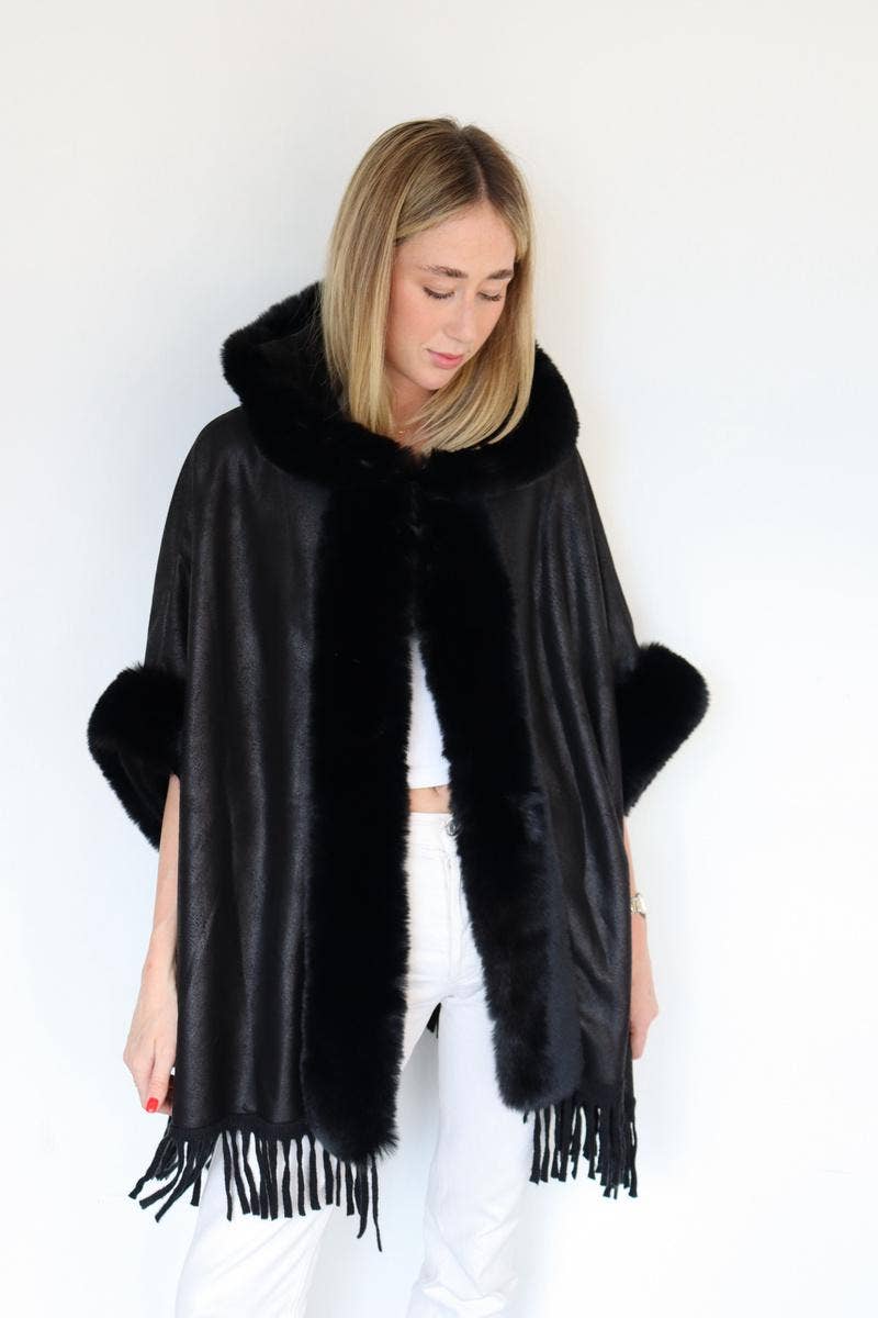 Hooded Faux Fur Poncho - S44346