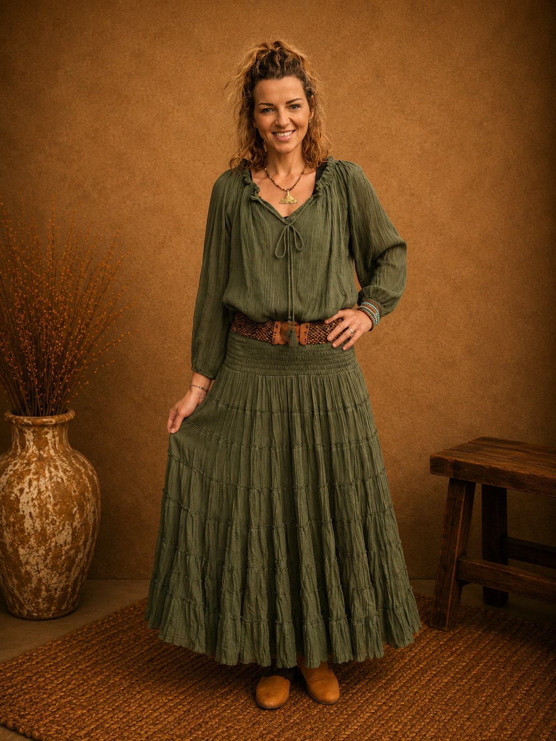 Boho Crinkle Cotton Tiered Skirt Khaki