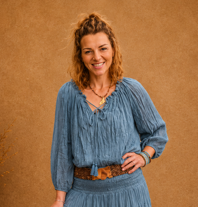 Boho Crinkle Peasant Top Blue