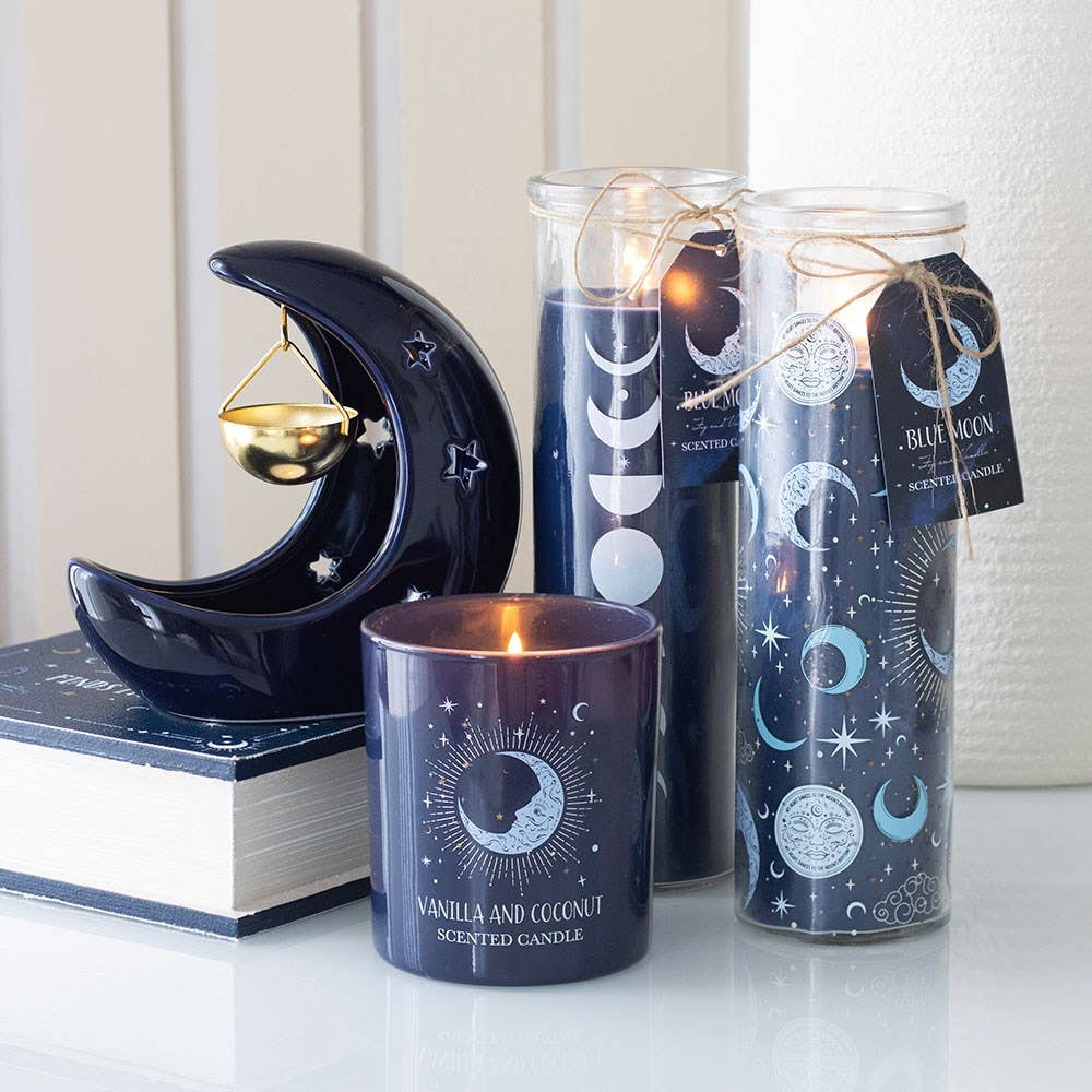 Blue Crescent Moon Hanging Ceramic Oil Burner with Metal Dis