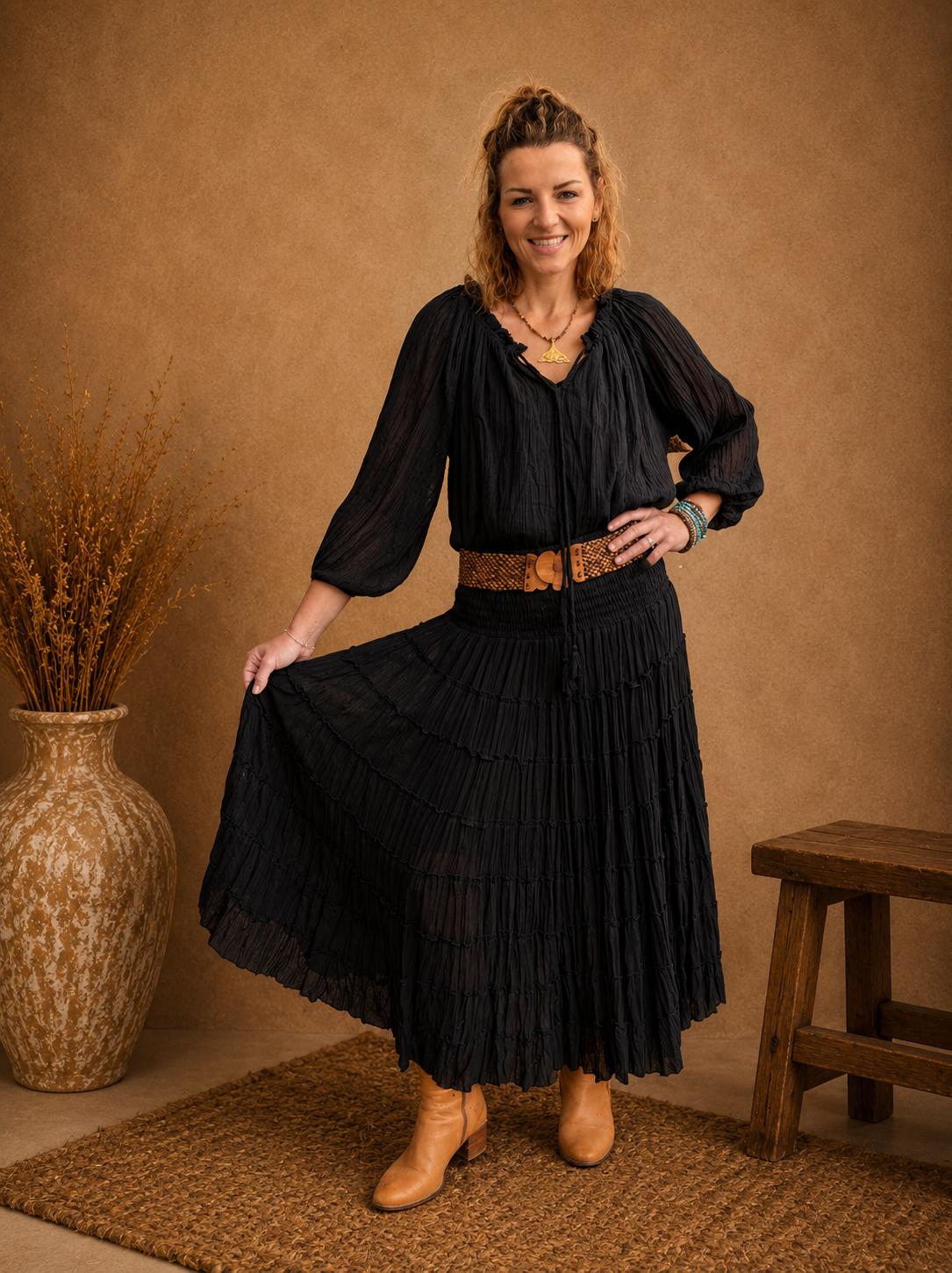 Boho Crinkle Cotton Tiered Skirt Black