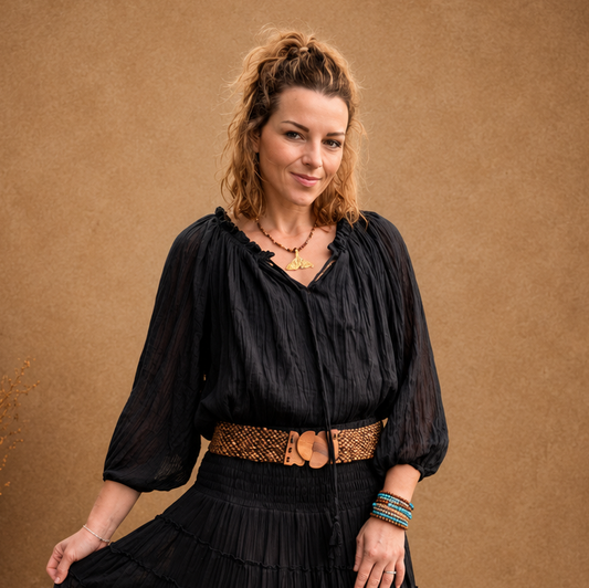 Boho Crinkle Peasant Top Black