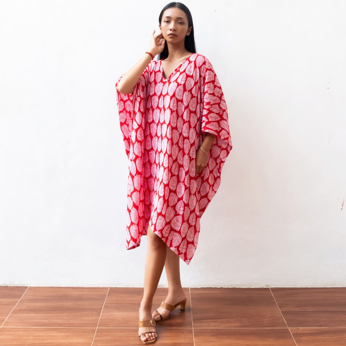 Block Print Short Kaftan Dress (Citrus Red) Sun Resort Wear