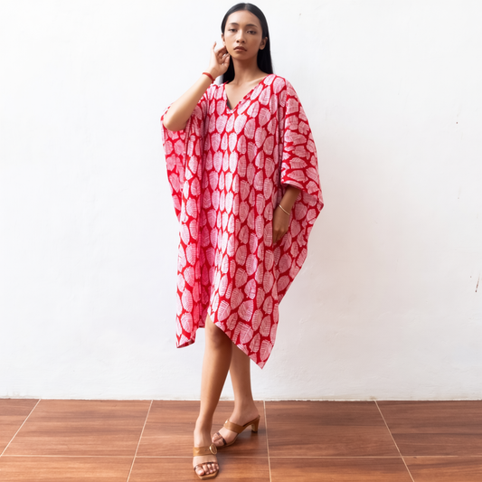 Block Print Short Kaftan Dress (Citrus Red) Sun Resort Wear