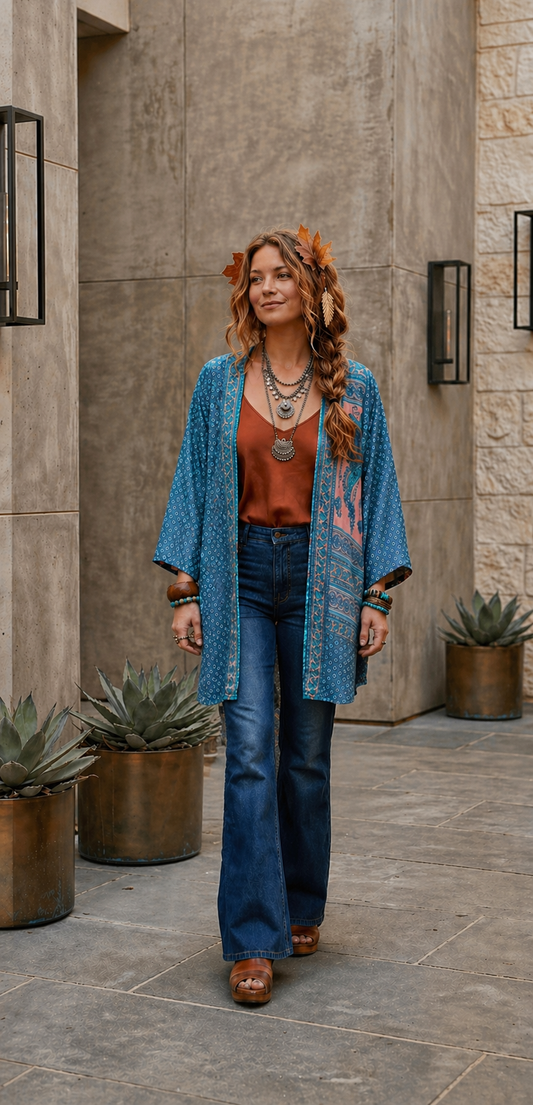 BOHEMIAN REVERSIBLE SHORT SILK BLEND KIMONOS
