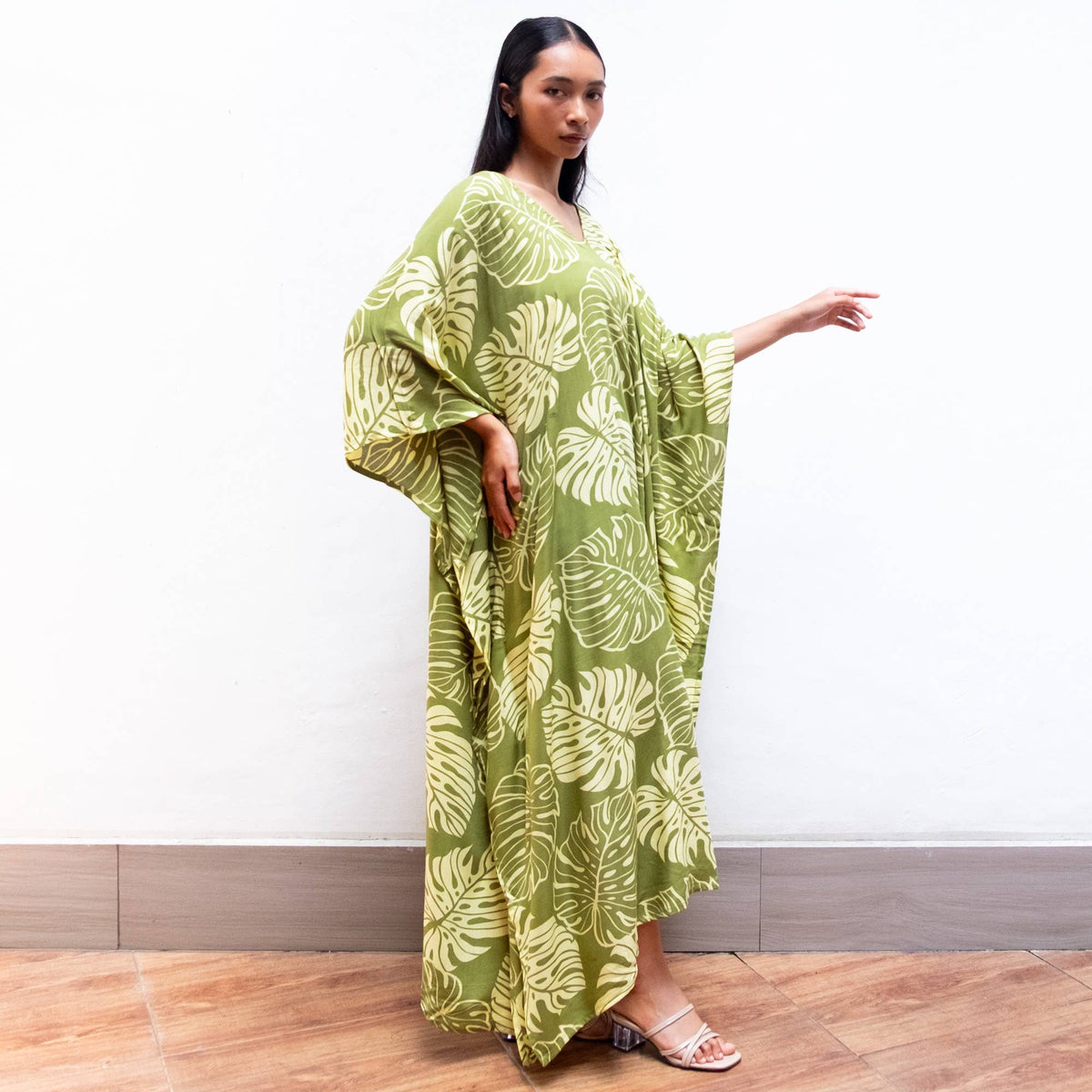 Block Print Kaftan Dress (Monstera Green) Resort Wear Lounge