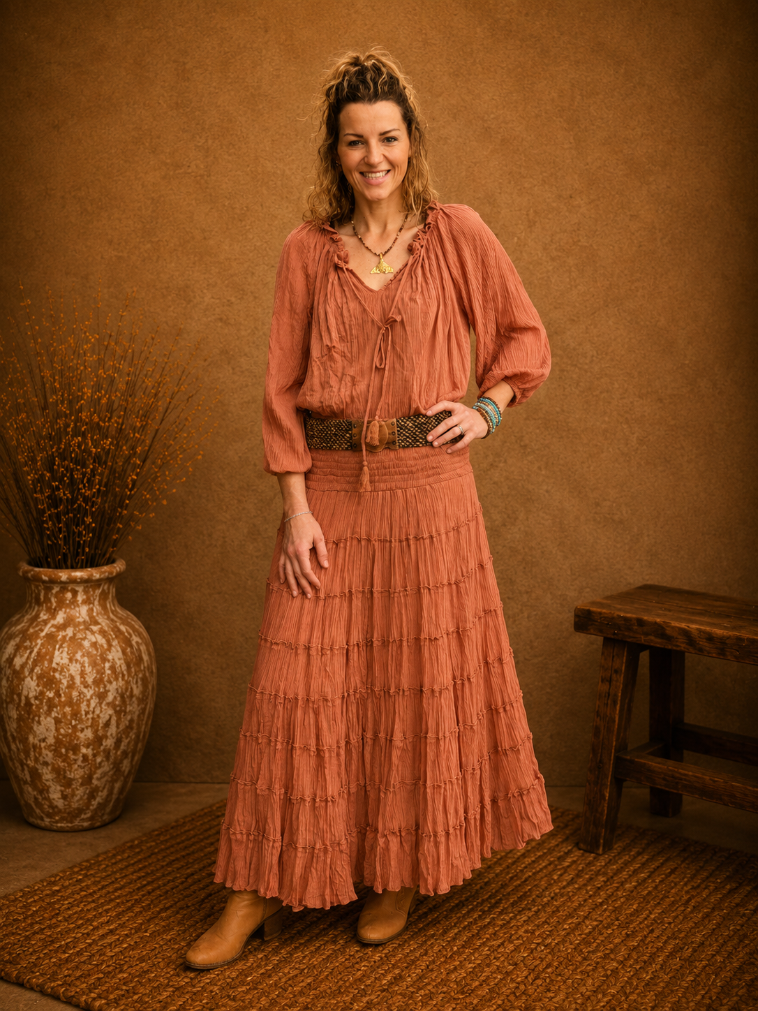 Boho Crinkle Cotton Tiered Skirt Rust