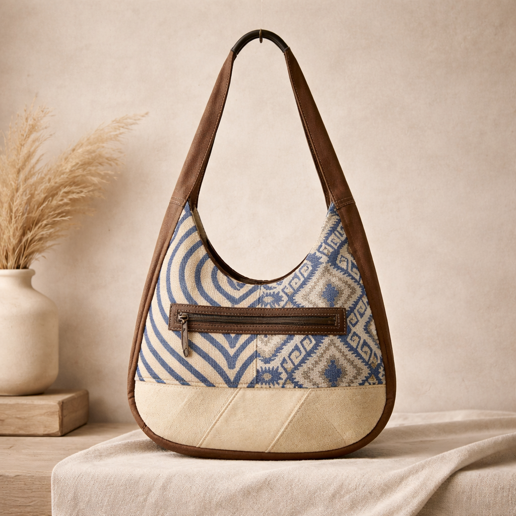 Dual Upcycled Canvas Rug & Leather Shoulder Bag | Handmade