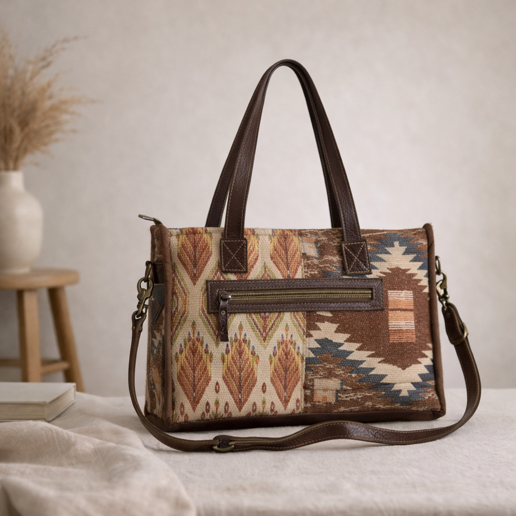 Next Upcycled Canvas & Leather Messenger Box Bag Handmade