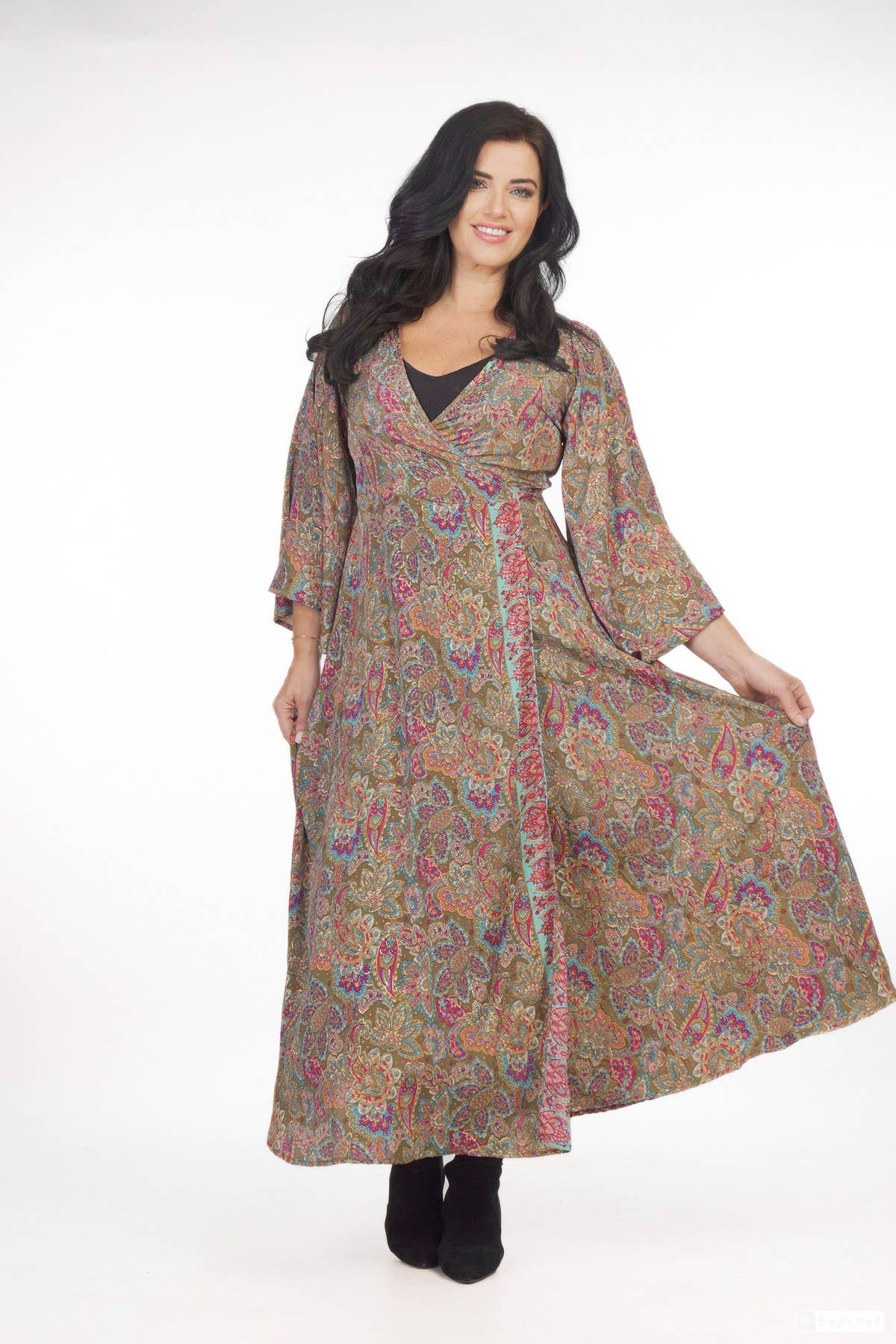 SILK WRAP AROUND DRESS - SAGE/GOLD