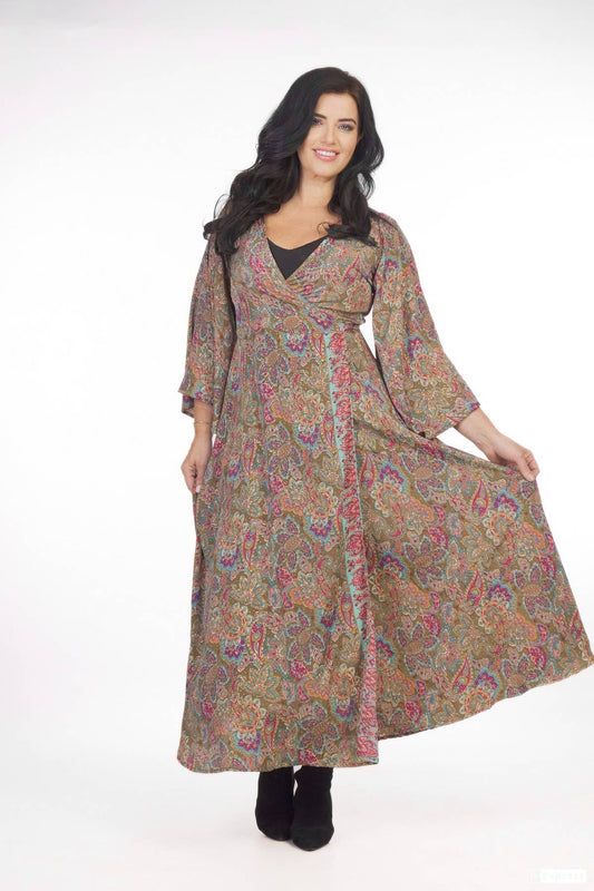 SILK WRAP AROUND DRESS - SAGE/GOLD