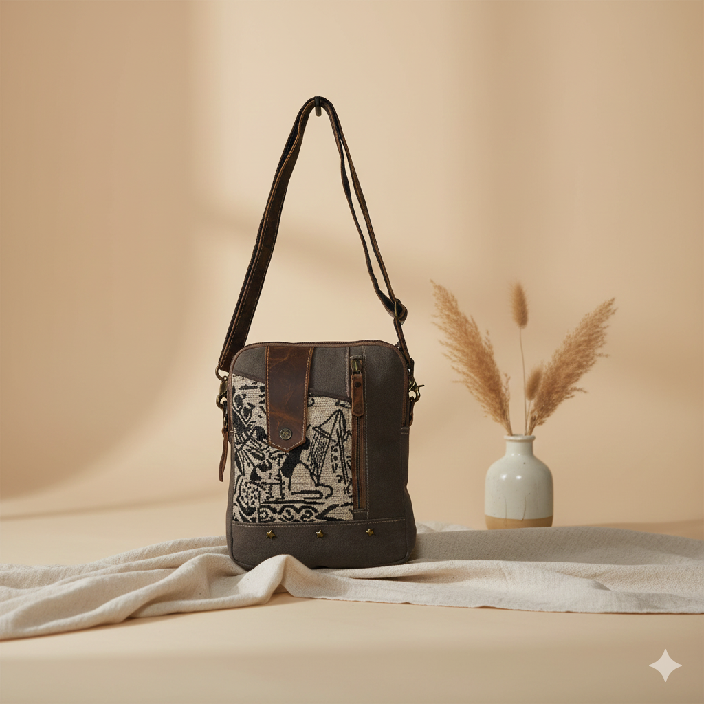 Fun Upcycled Canvas & Leather Crossbody Bag Handmade