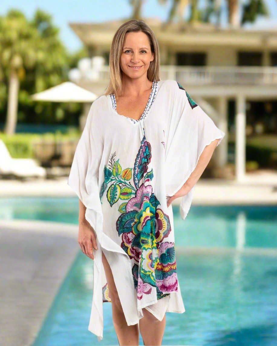 Beaded Flowing Kaftan In White Floral