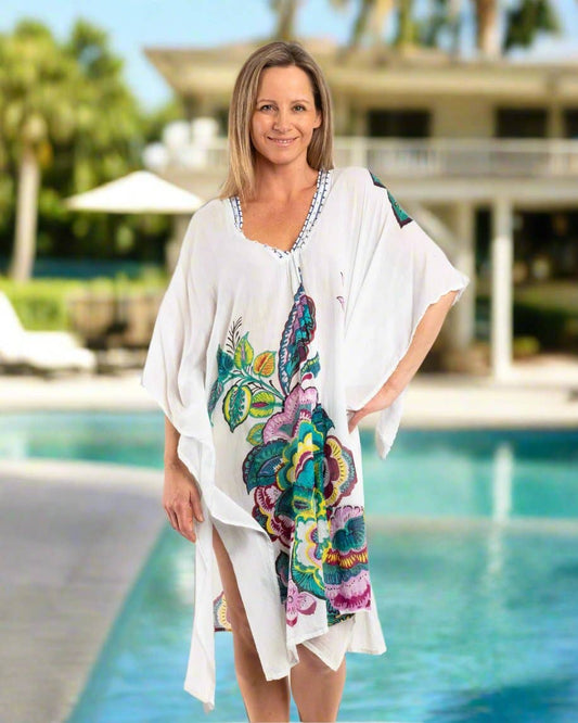 Beaded Flowing Kaftan In White Floral