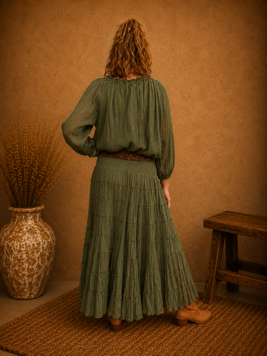 Boho Crinkle Cotton Tiered Skirt Khaki