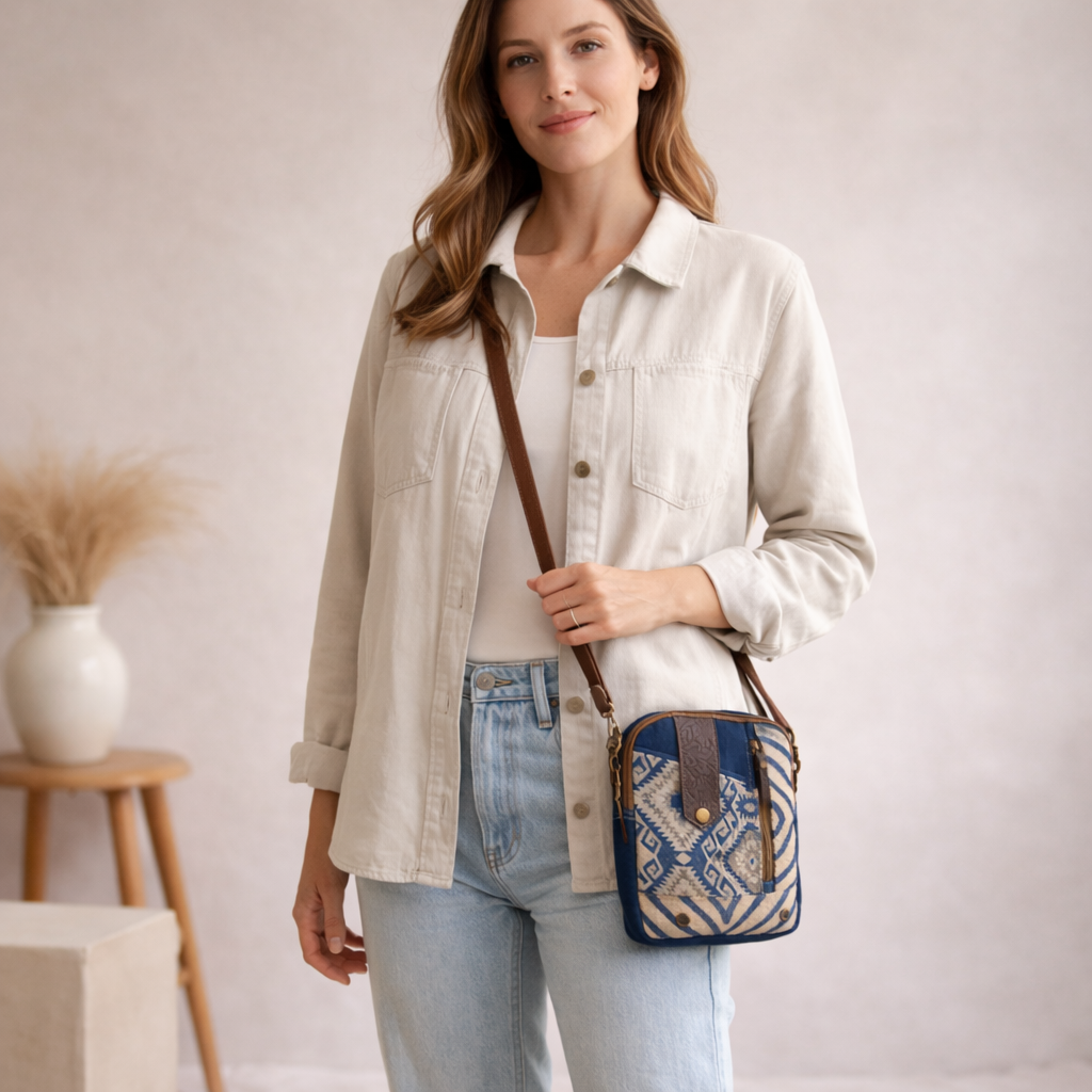Dezy Upcycled Canvas & Leather Crossbody Bag Handmade