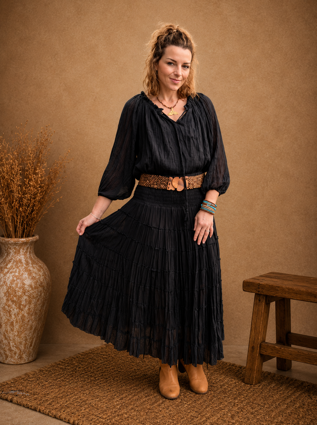 Boho Crinkle Cotton Tiered Skirt Black