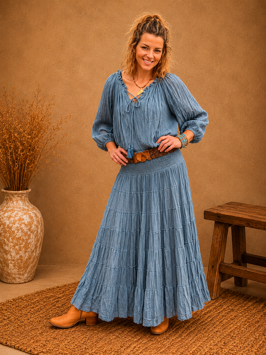 Boho Crinkle Cotton Tiered Skirt Blue