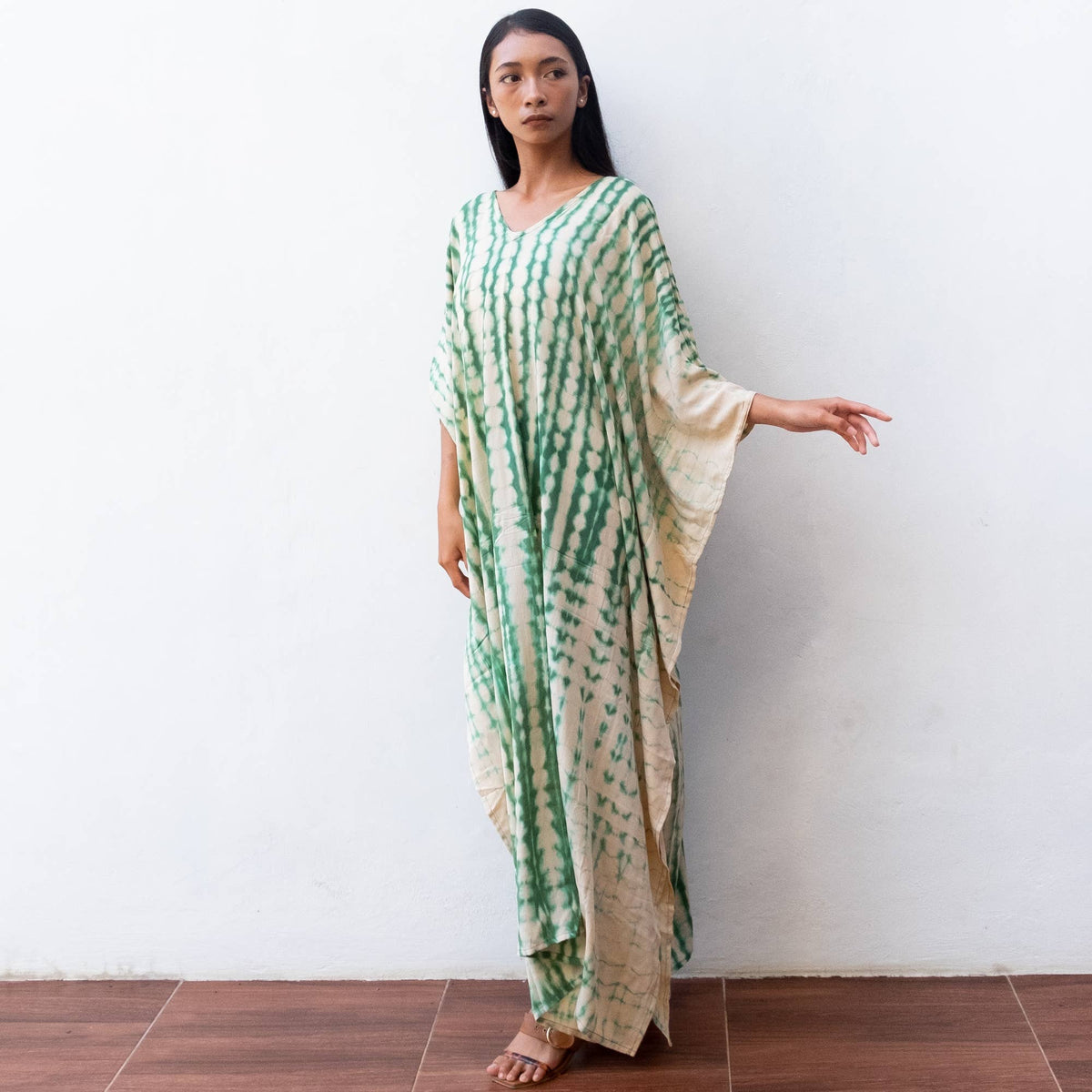 Tie Dye Kaftan Dress (Cream Green) Beach Lounge Resort Wear