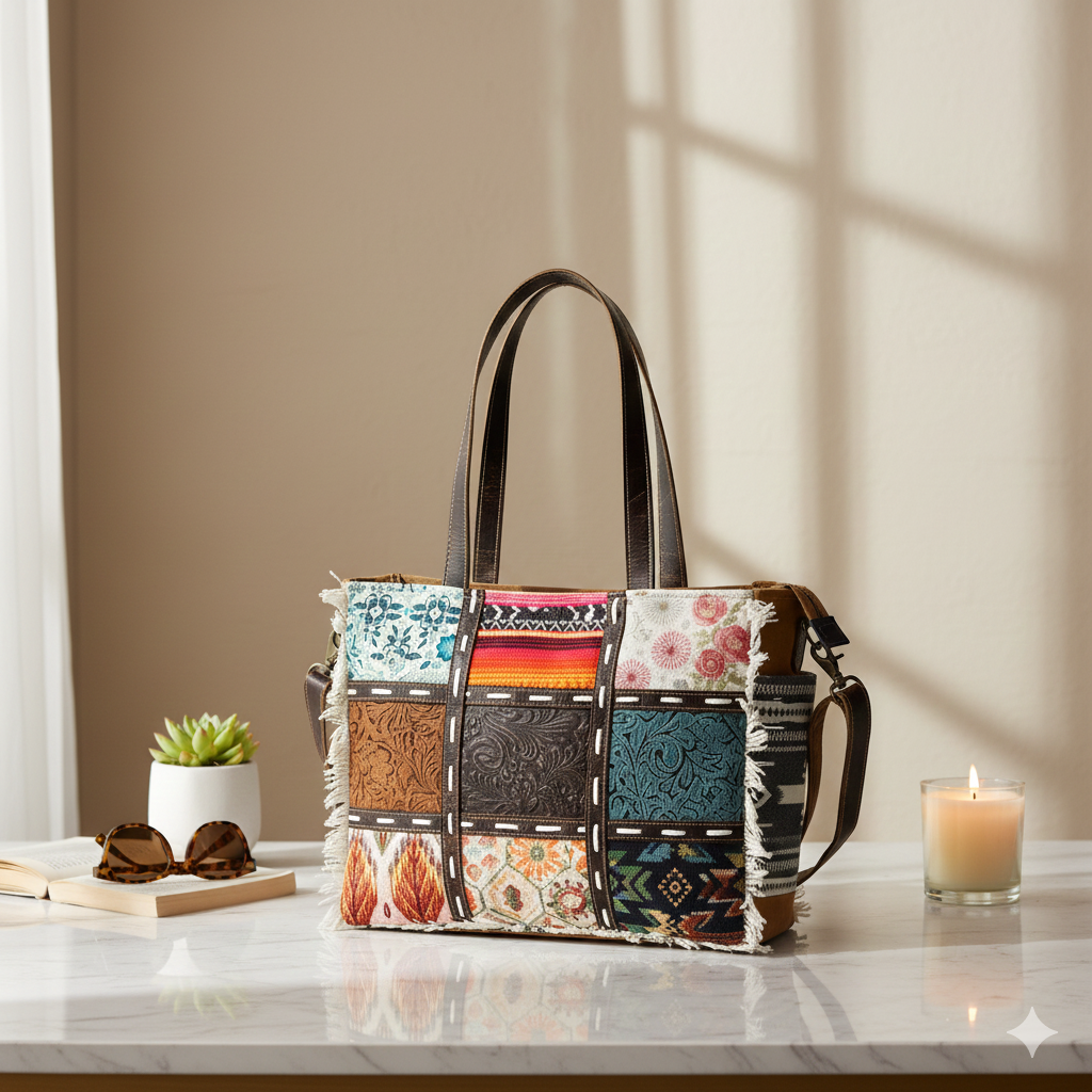 Multi Patch Upcycled Canvas & Leather Messenger Box Bag