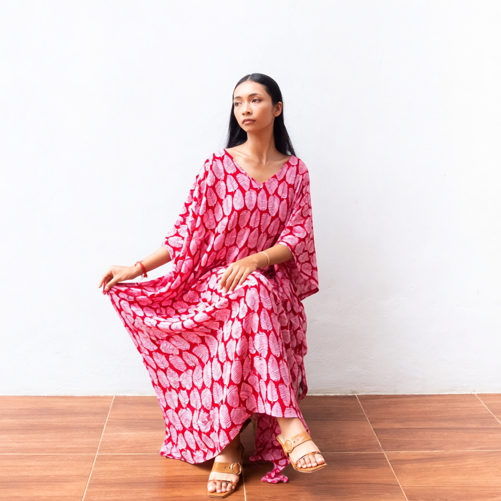 Block Print Kaftan Dress (Citrus Red) Sun Resort Wear Lounge