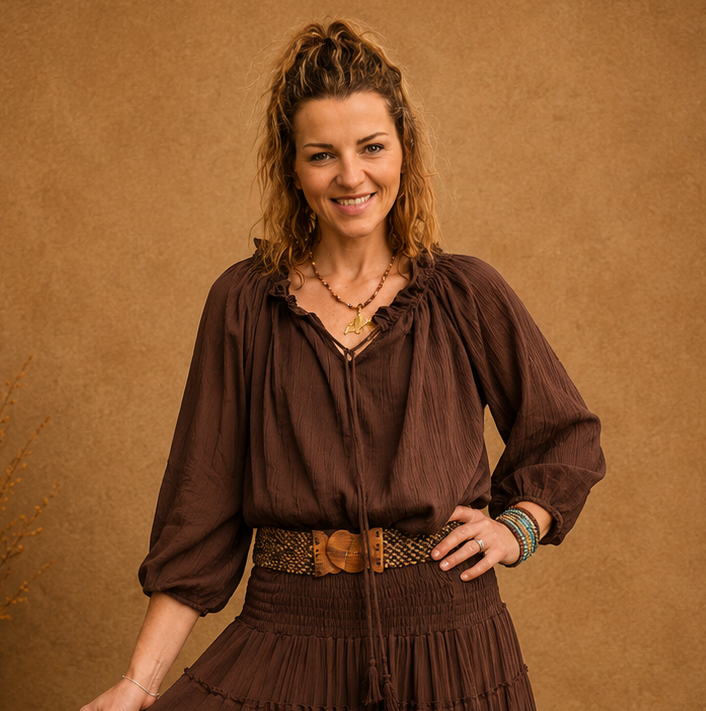Boho Crinkle Peasant Top Chocolate