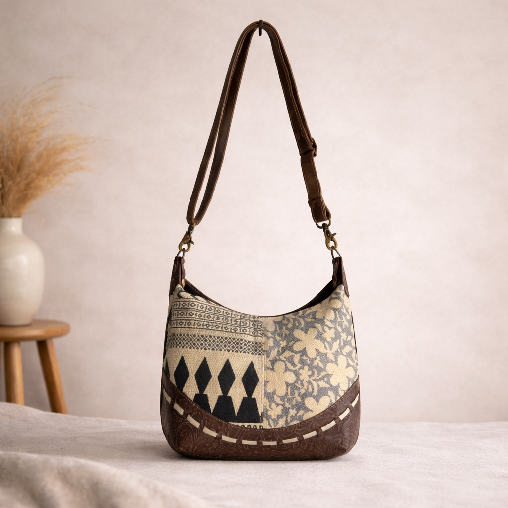Bizo Upcycled Canvas & Leather Crossbody Bag | Handmade