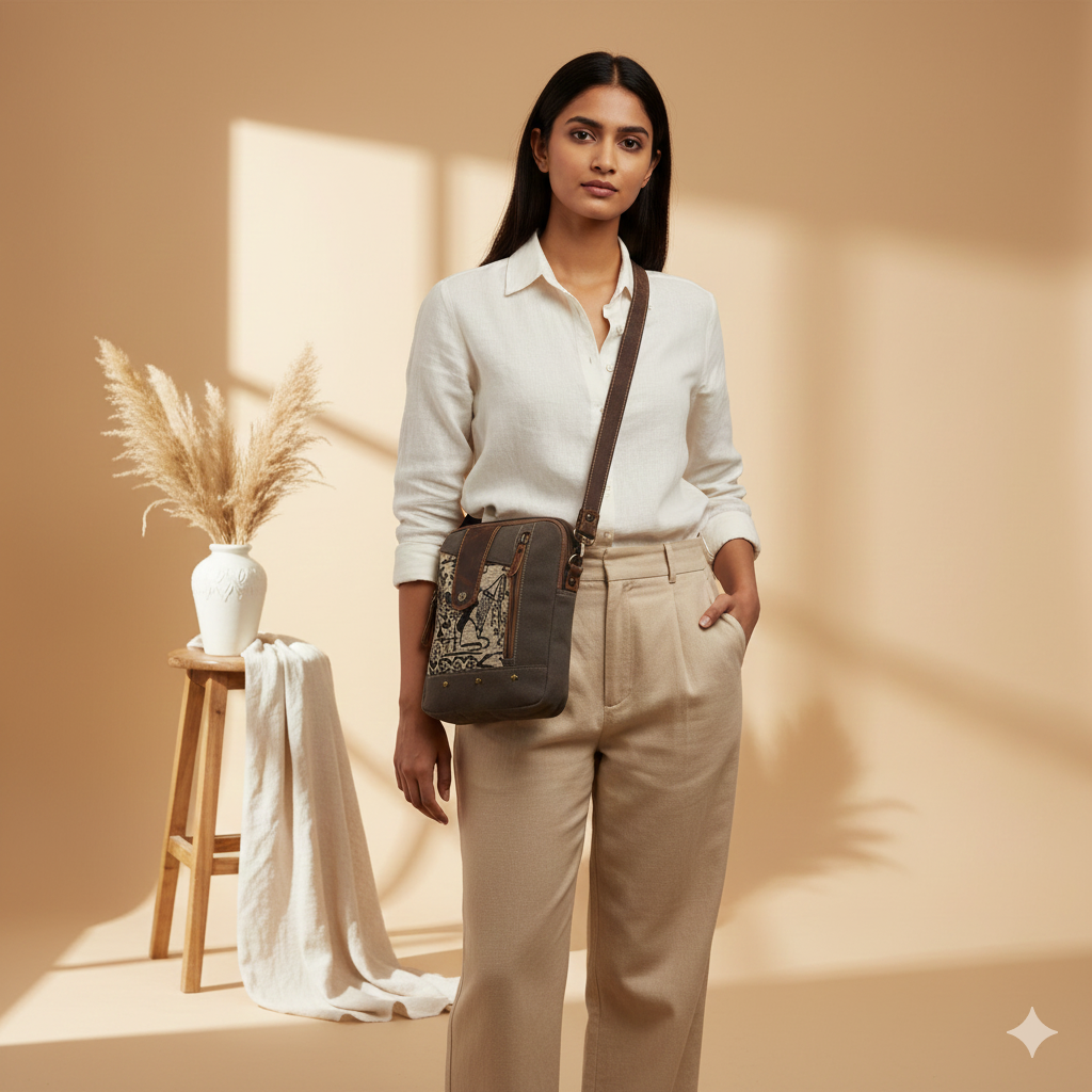 Fun Upcycled Canvas & Leather Crossbody Bag Handmade