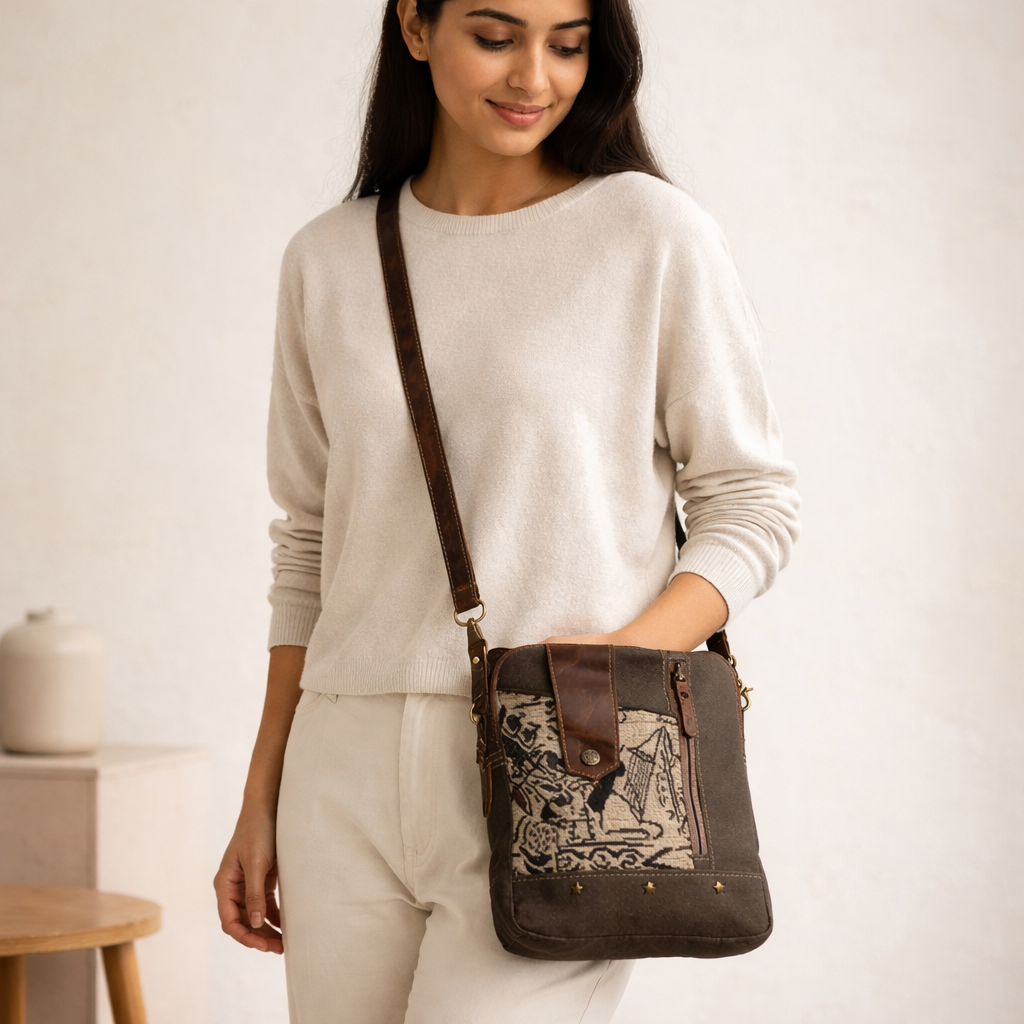 Fun Upcycled Canvas & Leather Crossbody Bag Handmade