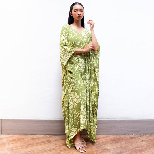 Block Print Kaftan Dress (Monstera Green) Resort Wear Lounge
