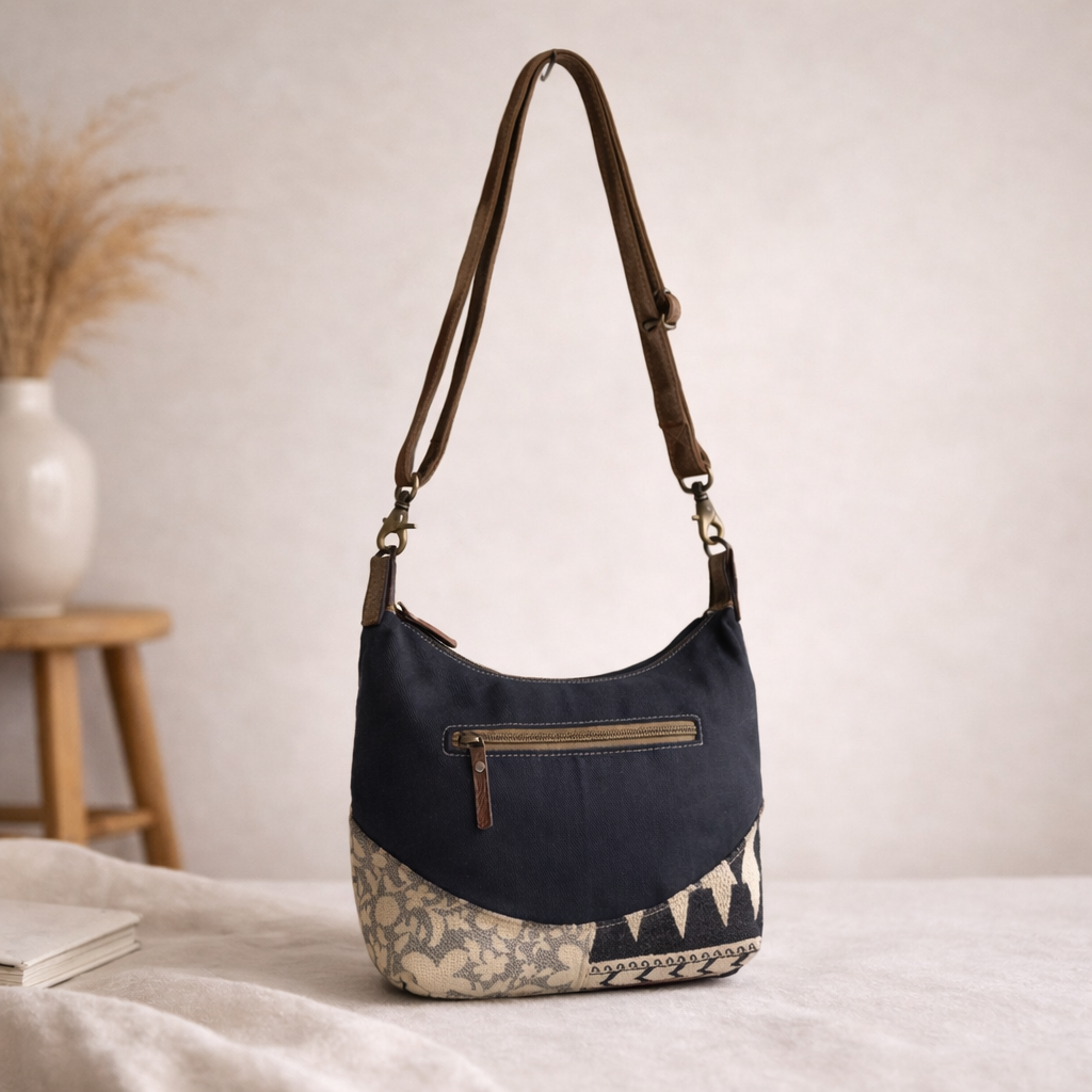 Bizo Upcycled Canvas & Leather Crossbody Bag | Handmade