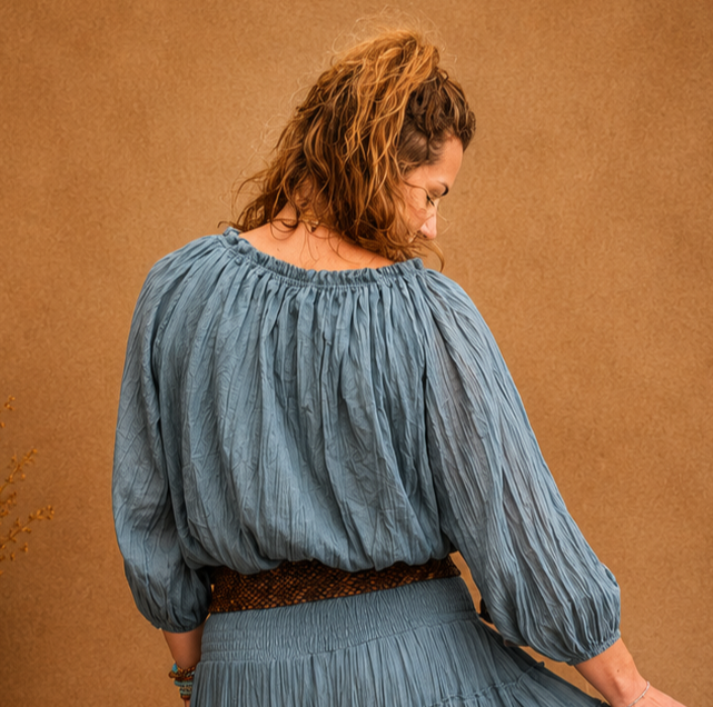 Boho Crinkle Peasant Top Blue