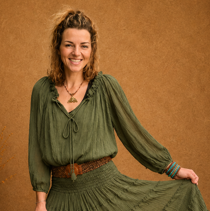 Boho Crinkle Peasant Top Khaki