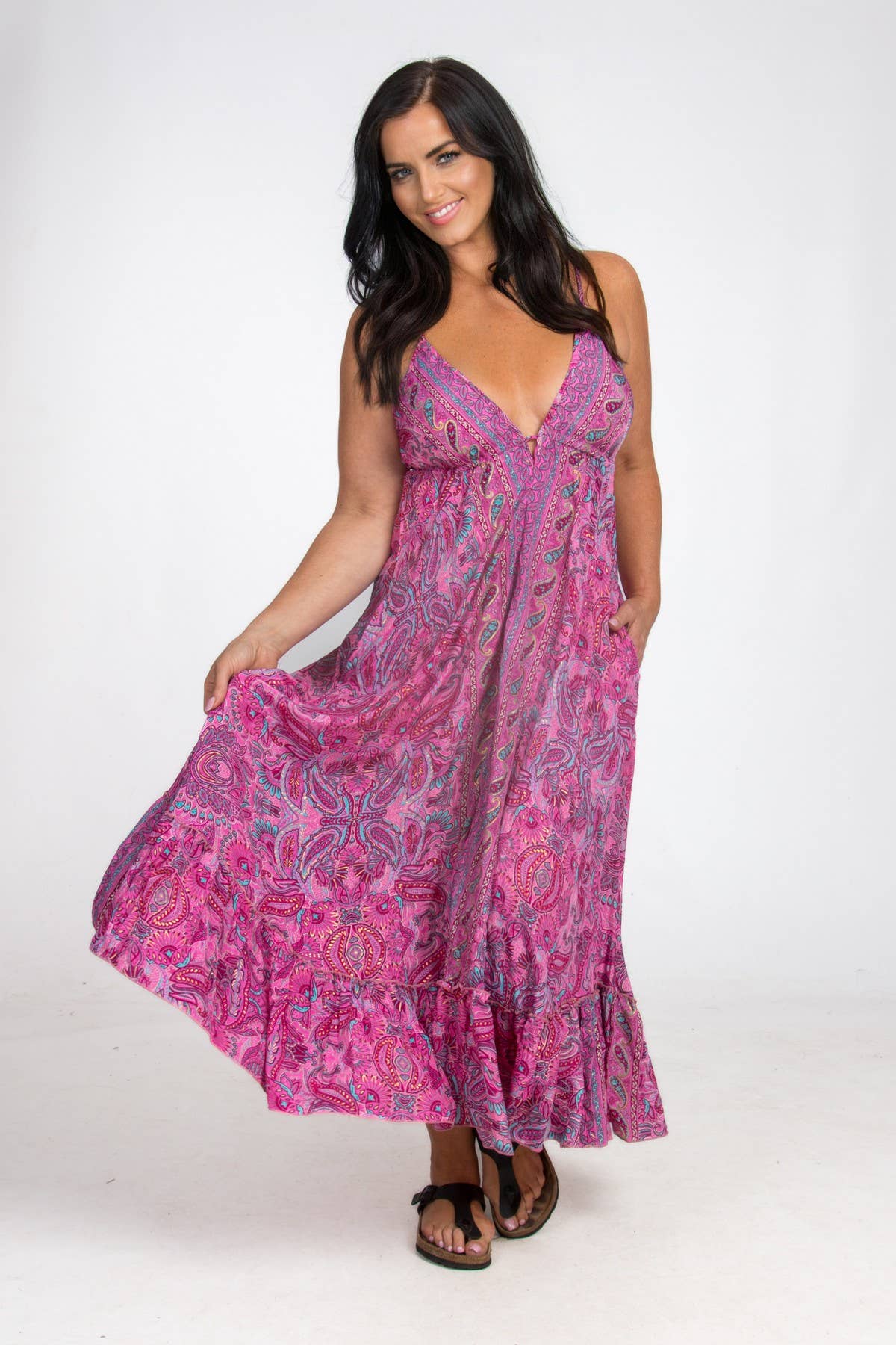 LONG STRAPPY SILK DRESS WITH POCKETS