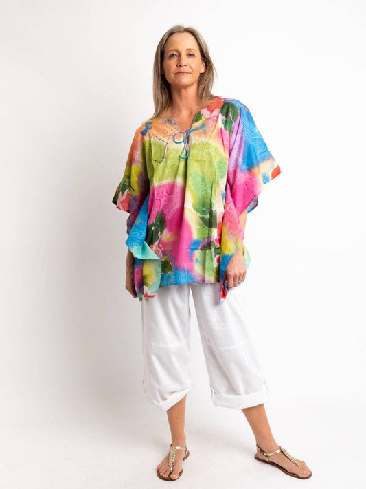 Too Easy Poncho Style V-Neck Top In Embroidered Pastels