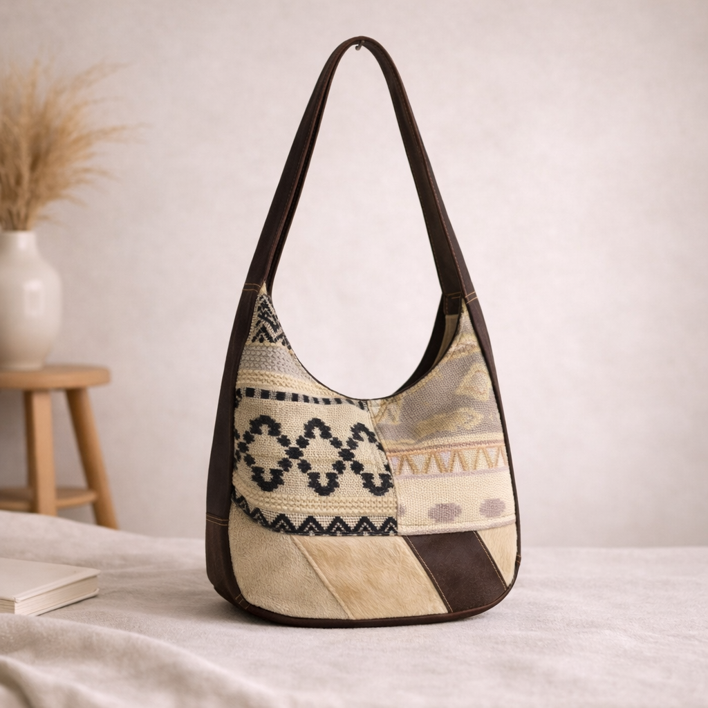 Bazo Upcycled Canvas Rug & Leather Shoulder Bag | Handmade