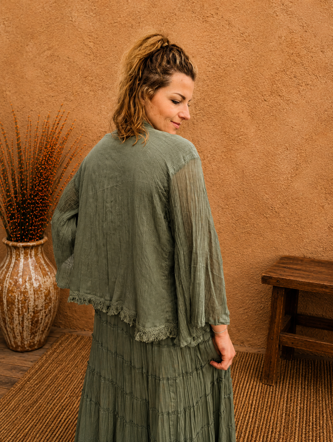Boho Crinkle Cotton Jacket Green