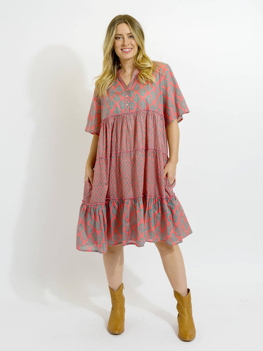 Castaway Dress in Green Diamonds on Pink D353