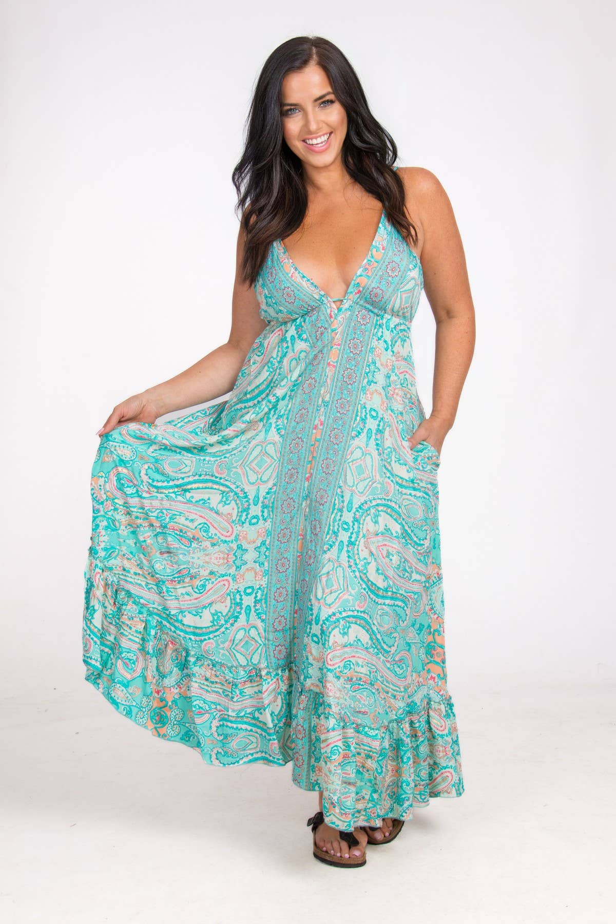 LONG STRAPPY SILK DRESS WITH POCKETS