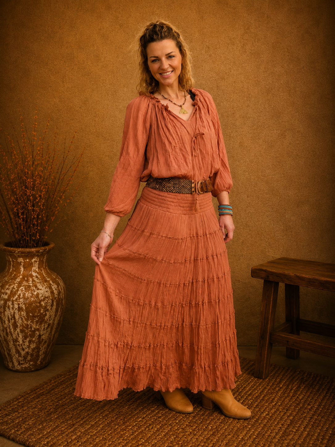 Boho Crinkle Cotton Tiered Skirt Rust